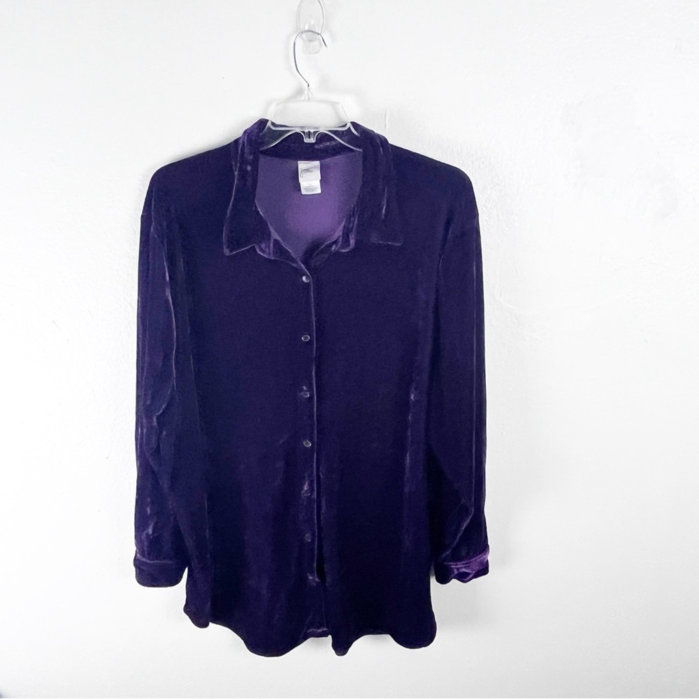 JUST MY SIZE Deep Crown Jewel Purple Long Sleeves Button Velvet Velour Top 4X